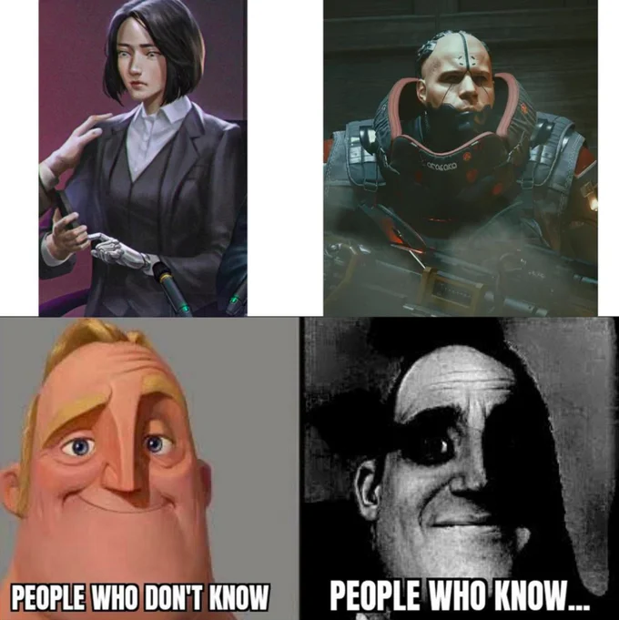 People who know meme with Hanako Arasaka and Adam Smasher and Mr Incredible faces