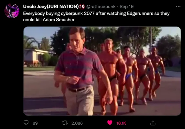 Twitter meme about players buying Cyberpunk 2077 to fight Adam Smasher