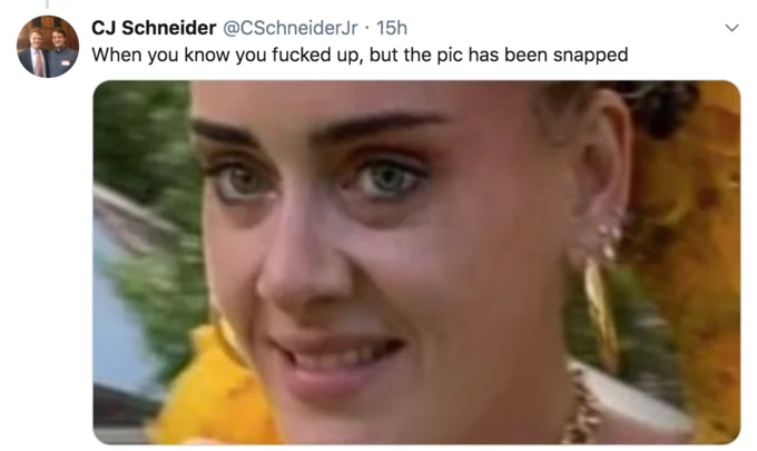 Adele's Notting Hill Carnival Photo — Close-up of Adele's face with reaction tweet about getting caught on camera