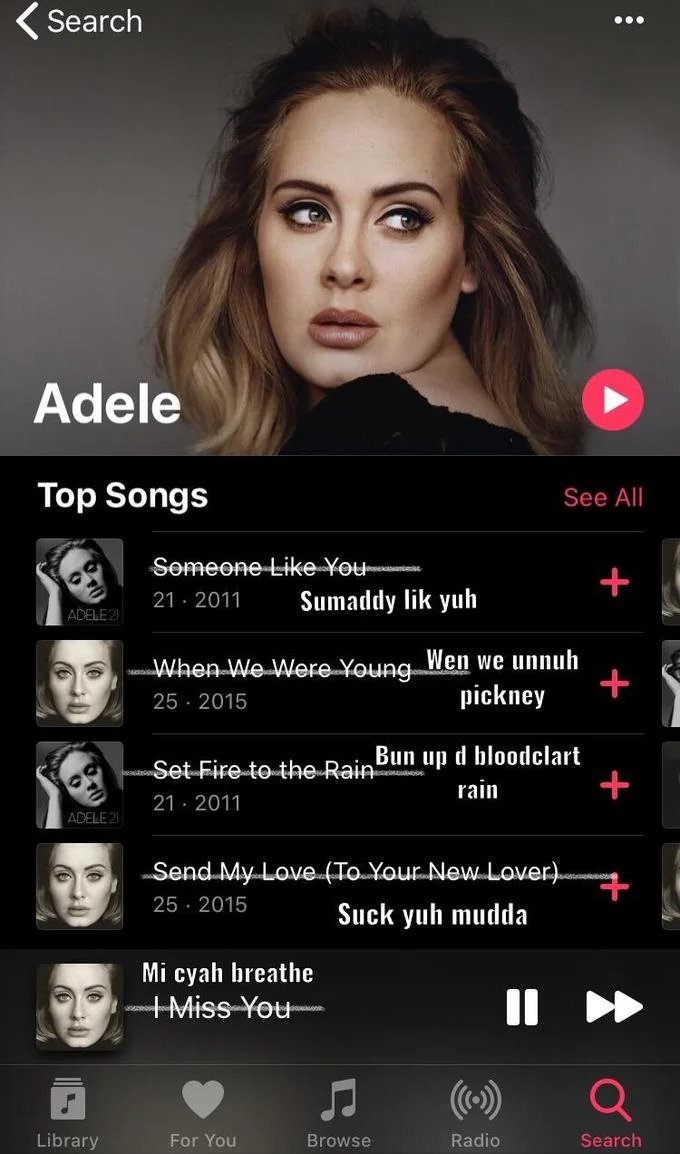Adele's Notting Hill Carnival Photo — Fake Apple Music screenshot showing Adele's songs retitled in Jamaican patois