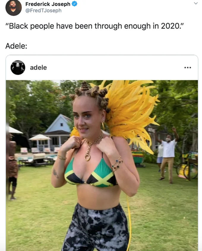 Adele's Notting Hill Carnival Photo — Tweet by Frederick Joseph reacting to Adele's carnival photo