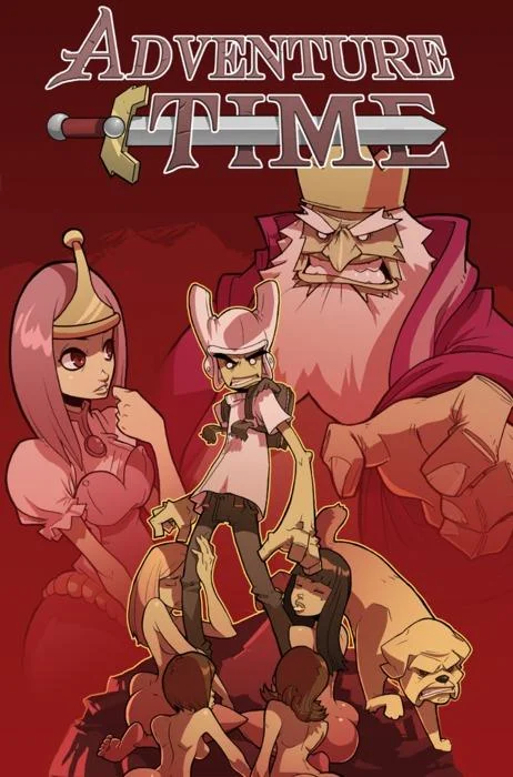 Comic-book style cover with Princess Bubblegum, Finn in a helmet and Jake beneath the Adventure Time logo.