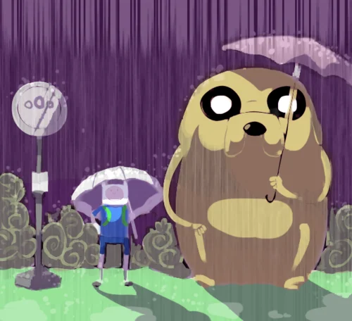 Adventure Time crossover fan art showing Finn and Jake at a rainy bus stop parodying My Neighbor Totoro.