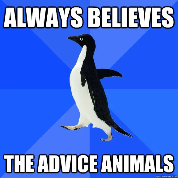 Shows the Socially Awkward Penguin, one of the most recognizable Advice Animals characters, against blue radial background.