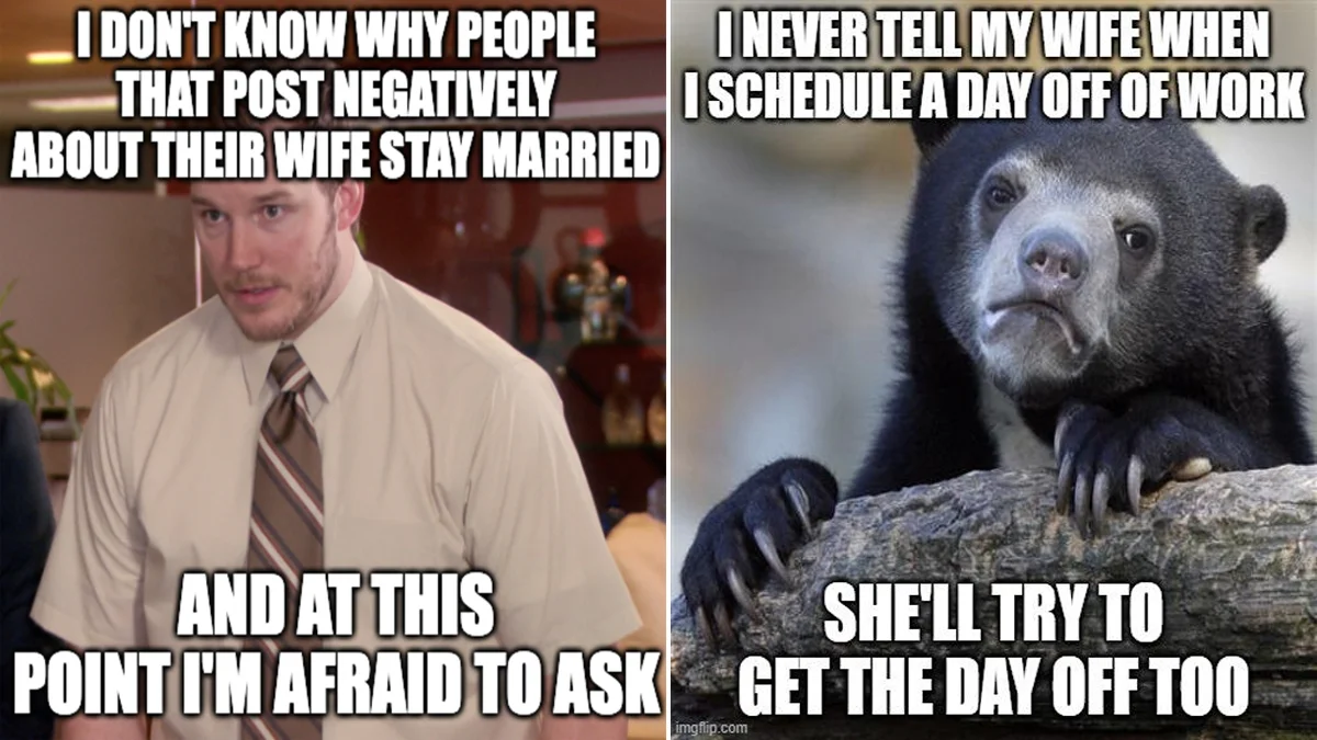 Advice Animals — Combines human and chimpanzee characters discussing marriage dynamics and workplace time off communication.