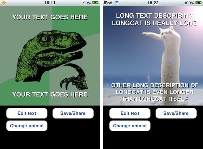 Meme editor interface showing animal character templates with text overlays demonstrating Advice Animals customization.