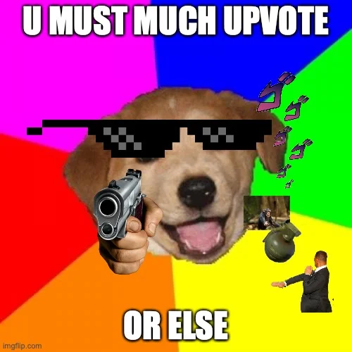 Yellow Labrador in Advice Dog macro with vibrant background, pixelated sunglasses, and meta-advice about upvotes.
