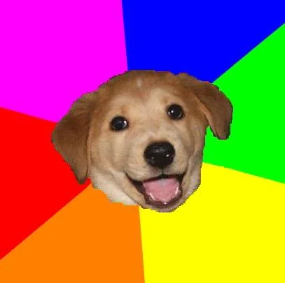Advice Dog — Multiple yellow Labrador heads on colorful pie-slice background with text 'You're The Man Now', related meme variant.