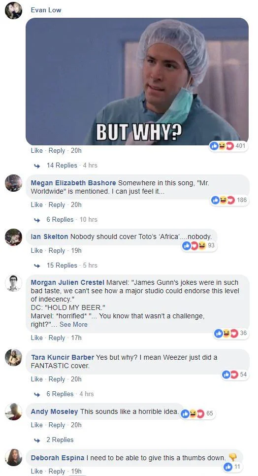 Africa By Toto — Facebook comment thread reacting to a cover of Toto's Africa with 'But Why?' meme