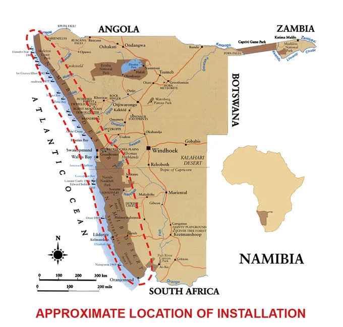 Africa By Toto — Map of Namibia showing installation location for Toto's Africa sound art