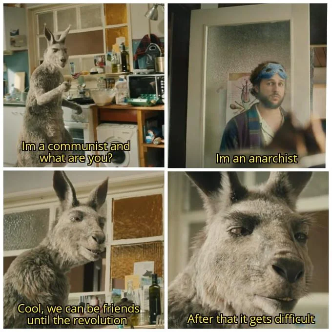 Four-panel meme with communist-anarchist captions and 'After that it gets difficult' punchline.