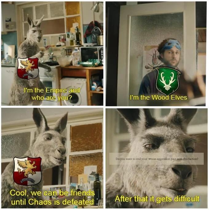 After That It Gets Difficult — Warhammer Total War edit of the four-panel meme with Empire and Wood Elves shields.