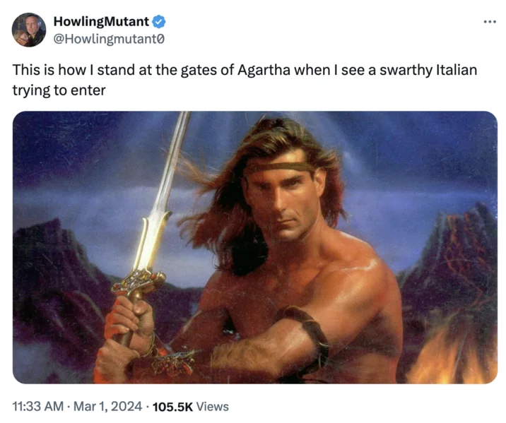 Twitter post showing barbarian warrior with text about standing at Agartha gates guarding against Italians.