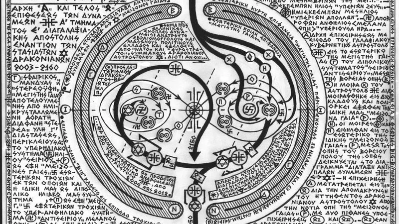 Complex esoteric diagram featuring concentric circles with symbols and text potentially related to Agartha mythology.