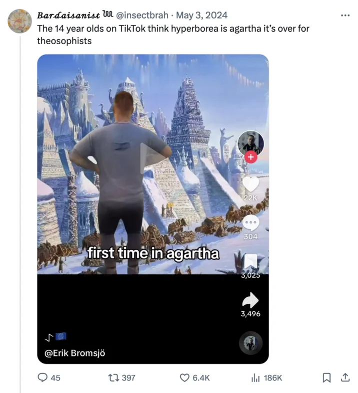 TikTok screenshot showing character viewing fantasy architecture captioned 'first time in agartha'.
