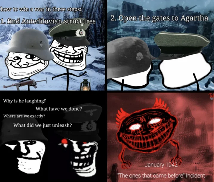 Multi-panel meme with gaming screenshots and troll faces describing war steps, explicitly mentioning opening Agartha gates.