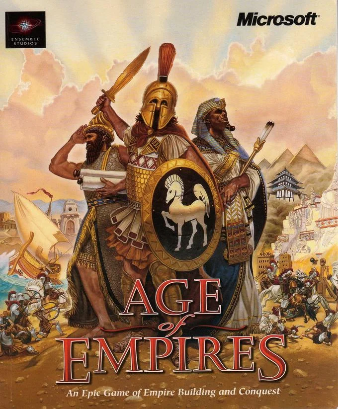 Original Age of Empires 1997 PC game box cover with three ancient warriors