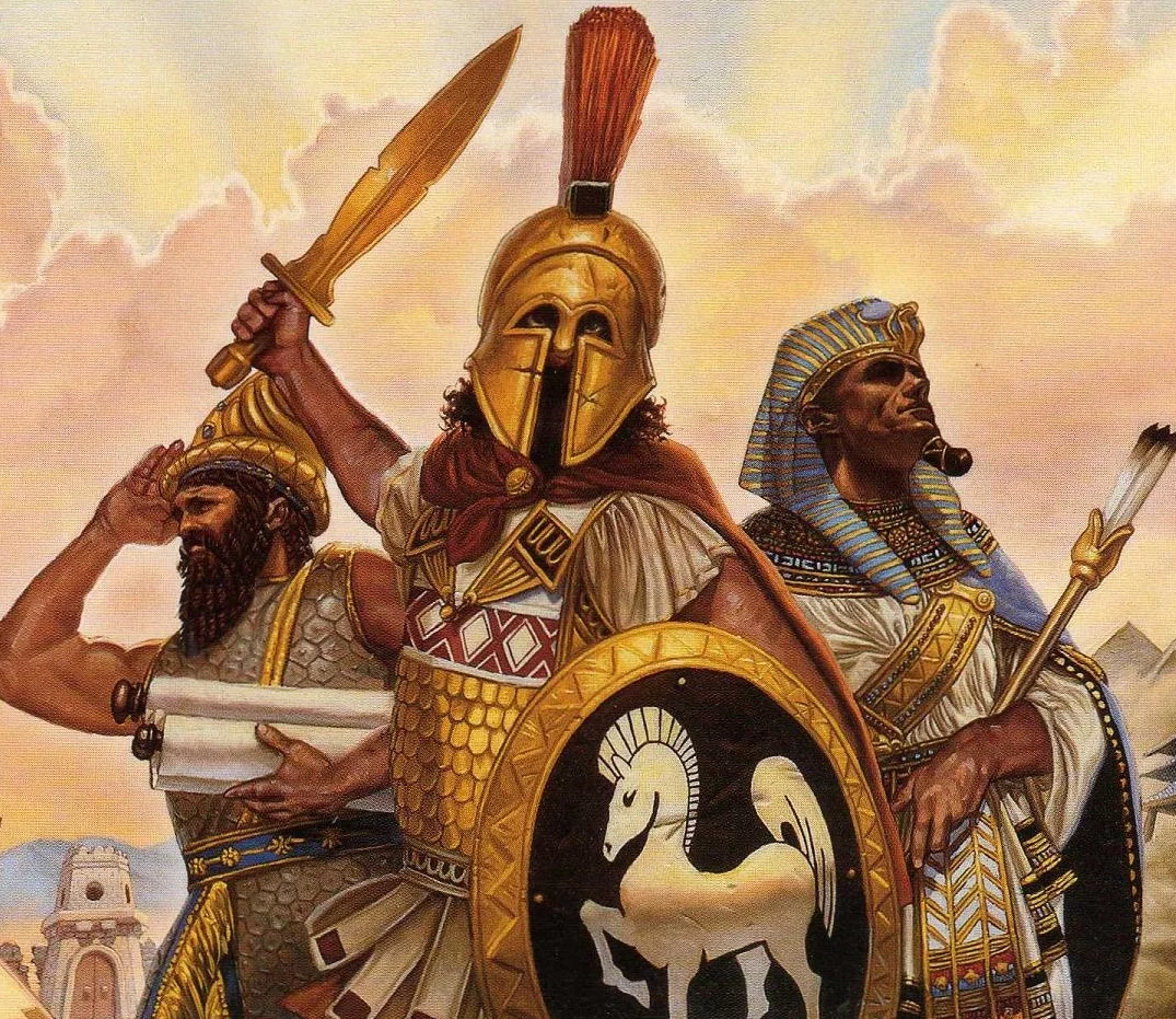Three ancient warriors from Age of Empires cover art: a Babylonian, a Greek hoplite, and an Egyptian pharaoh