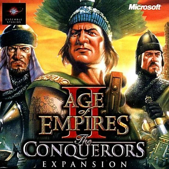 Age of Empires II: The Conquerors expansion box art with Aztec, Hun, and Spanish figures