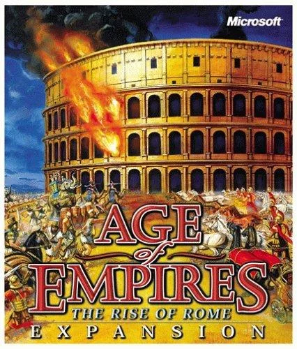 Age of Empires: The Rise of Rome expansion box art with burning Colosseum