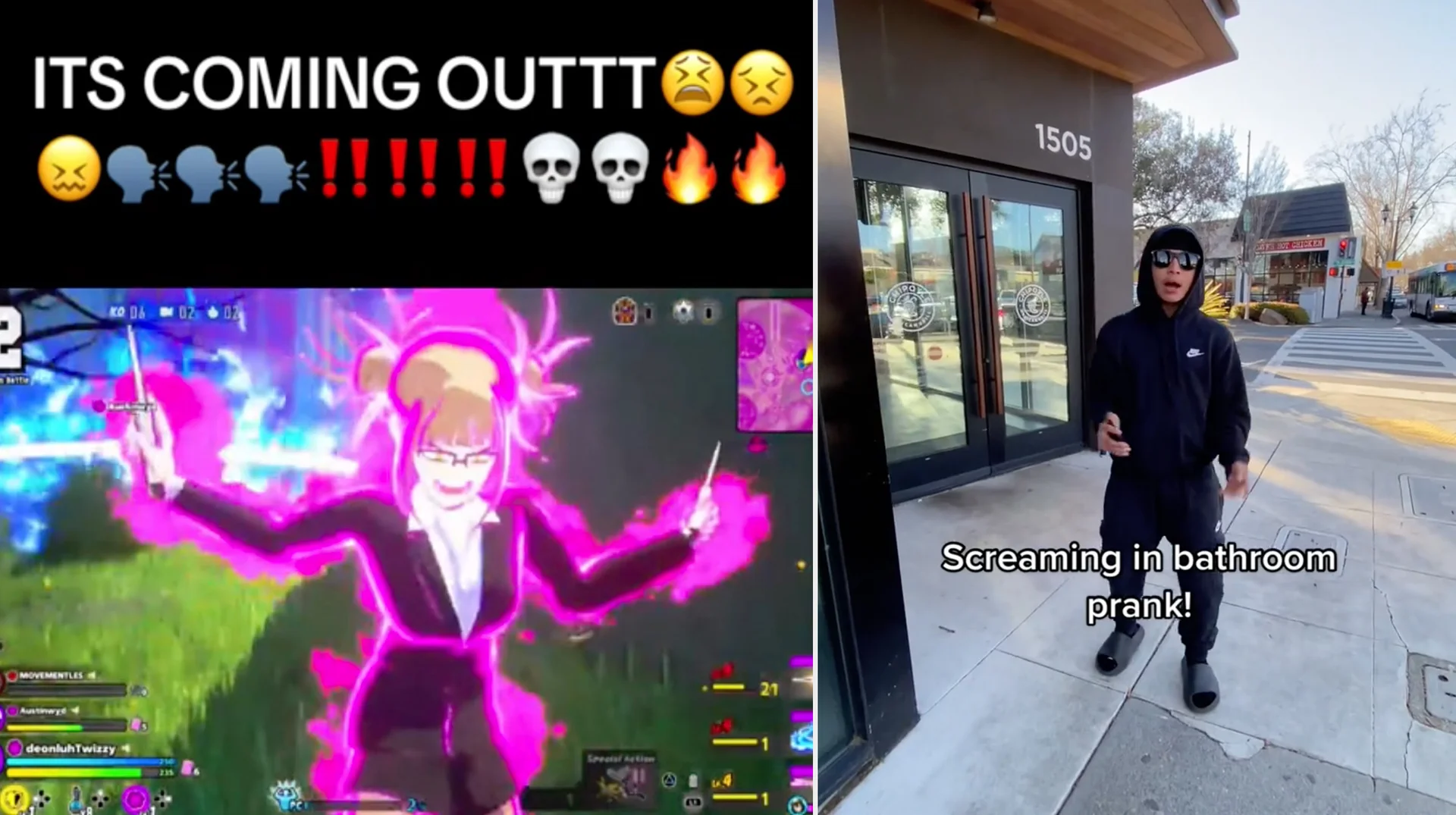 Ah! It's Coming Out! — Split-screen meme showing 'ITS COMING OUTTT' text over a pink glowing video game character beside a TikTok screenshot of a person