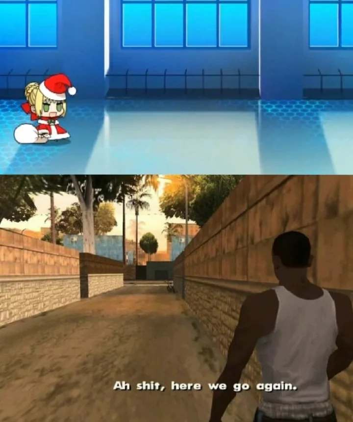 Ah Shit Here We Go Again — Two-panel meme with chibi anime girl in Santa outfit and CJ's weary reaction with subtitle.