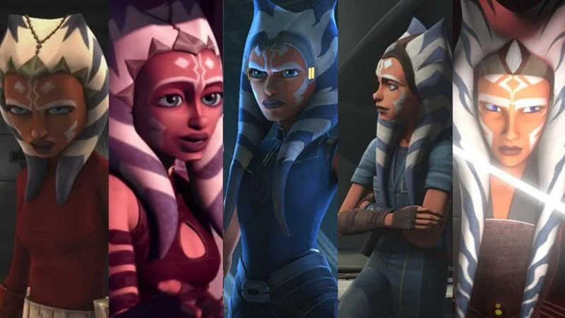Character evolution showcase displaying five different versions of Ahsoka Tano with montrals and varied costume designs.
