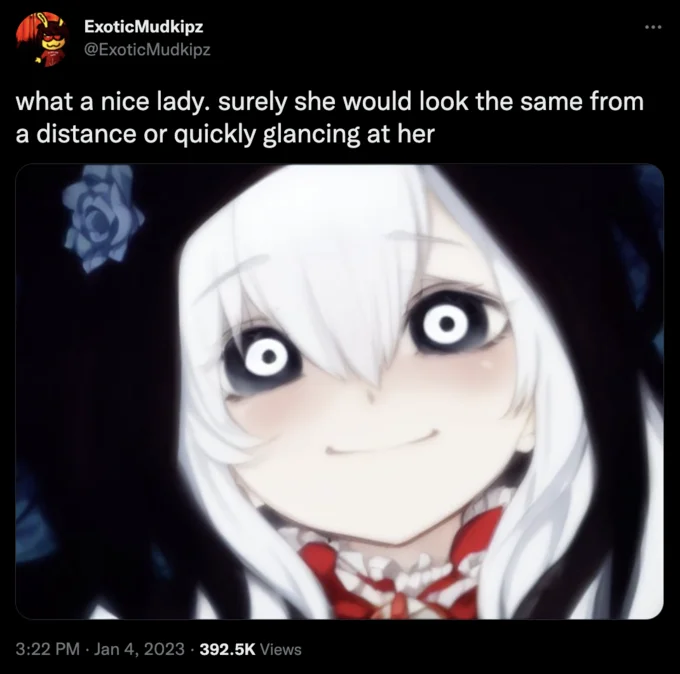 AI Anime Girls as Creepypasta Images — Twitter screenshot by ExoticMudkipz featuring an AI anime girl with black eyes and eerie smile