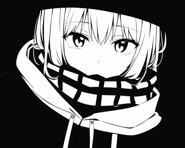 AI Anime Girls as Creepypasta Images — Black and white anime girl with plaid scarf and hoodie in clean line-art style