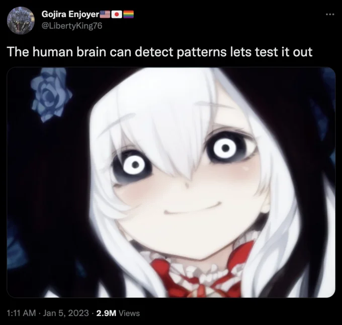 AI Anime Girls as Creepypasta Images — Twitter screenshot by LibertyKing76 featuring an AI anime girl with the caption about pattern detection
