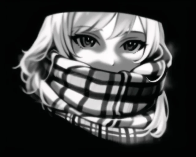 AI Anime Girls as Creepypasta Images — Black and white AI anime girl with plaid scarf covering her mouth on dark background