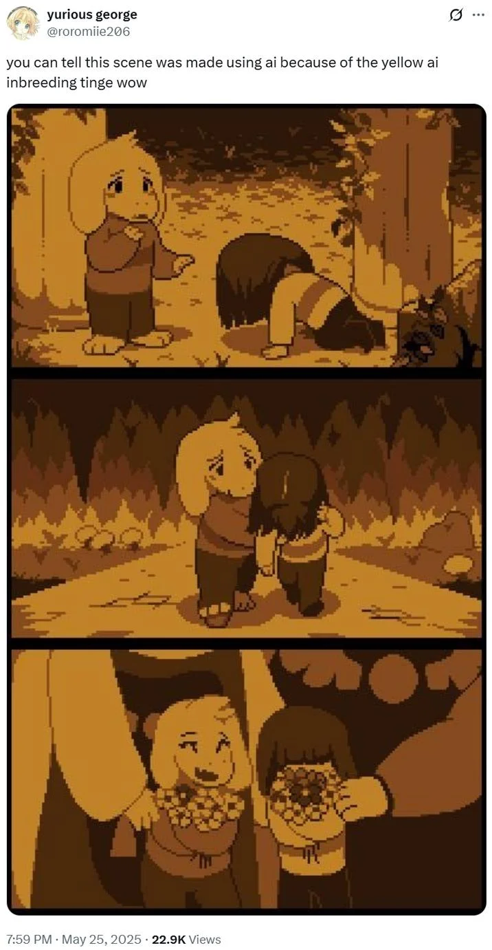 Ai Art Becoming Yellow — Twitter noting yellow AI inbreeding tint in anime three-panel scene rendered in sepia, brown, and golden tones.