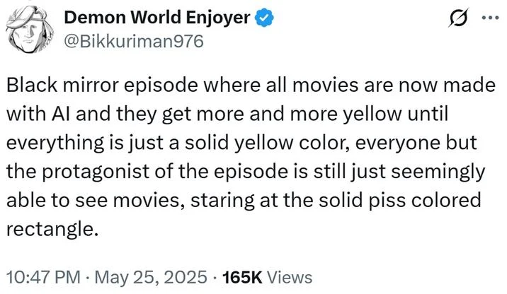 Ai Art Becoming Yellow — Twitter post proposing Black Mirror episode where AI movies progressively become more yellow until entirely yellow.