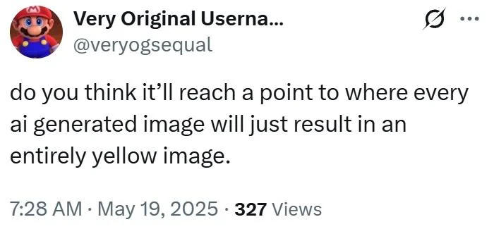 Ai Art Becoming Yellow — Twitter post contemplating whether AI output will eventually become entirely yellow reflecting community anxiety.