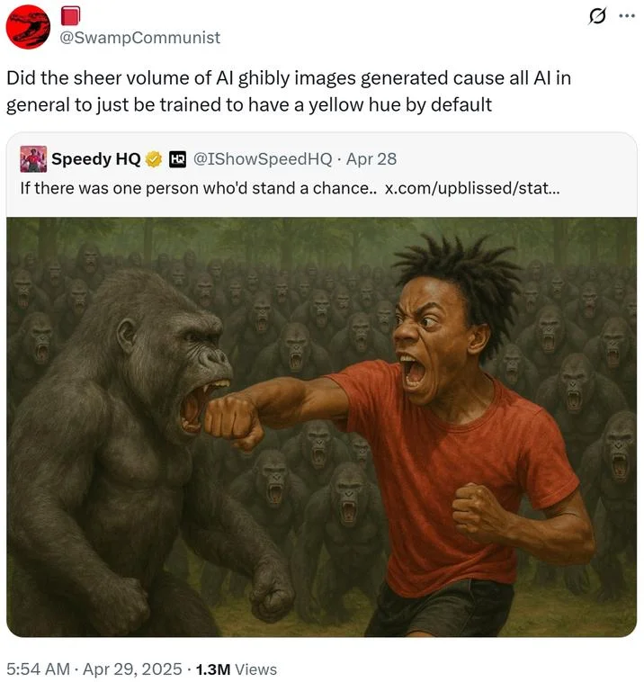 Ai Art Becoming Yellow — Twitter post discussing whether AI volume caused yellow hue, with AI-generated image showing brown-yellow color grading.
