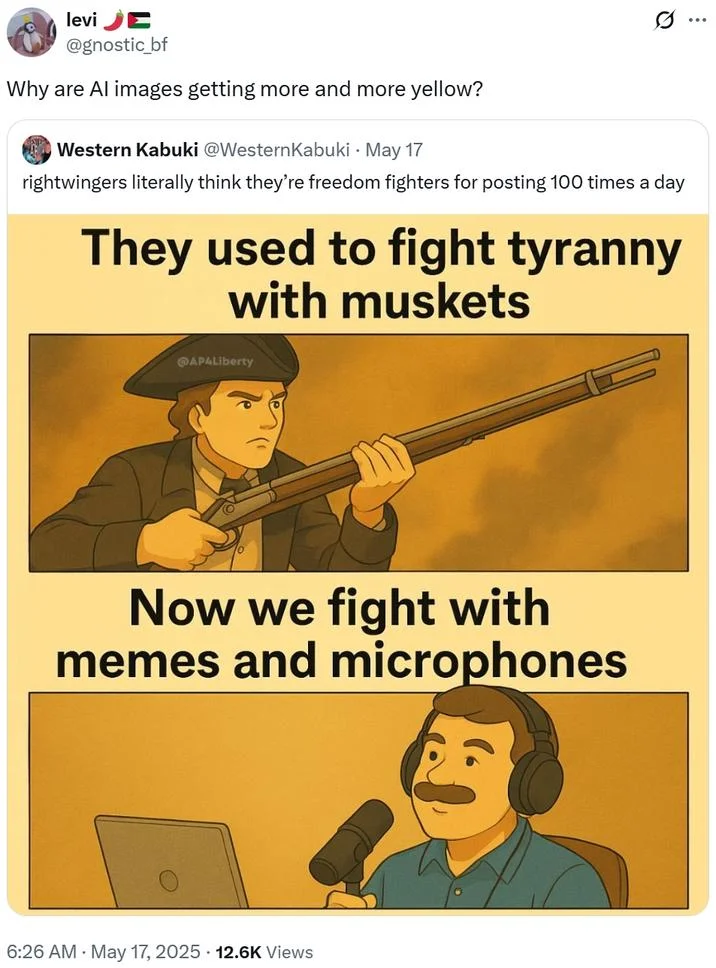 Ai Art Becoming Yellow — Two-panel meme about fighting tyranny with muskets versus memes rendered in distinctly yellow and golden tones.