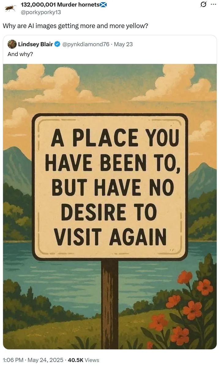Ai Art Becoming Yellow — Twitter exchange asking why AI images are yellow, with AI-generated vintage landscape sign in yellow tones.