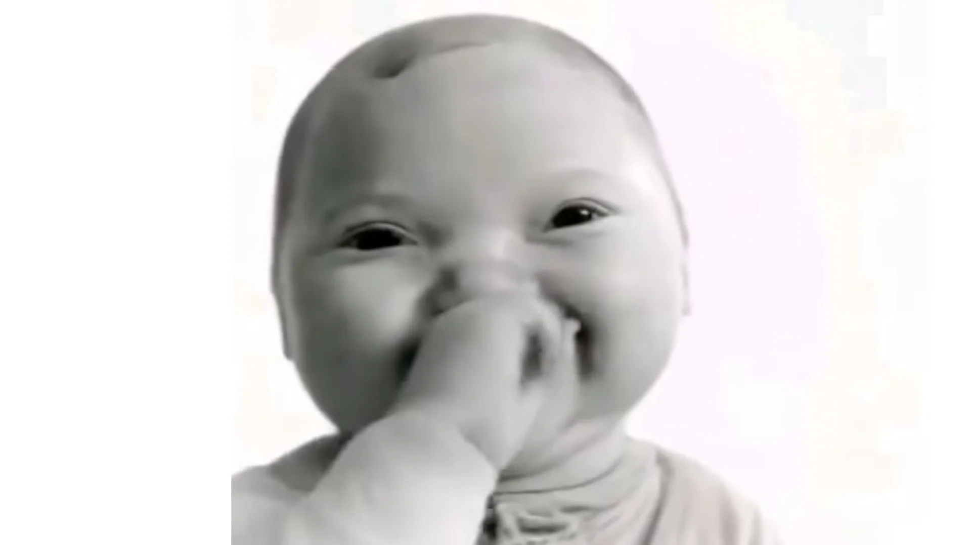 AI Baby Holding Laugh — AI-generated baby covering mouth while laughing in black and white
