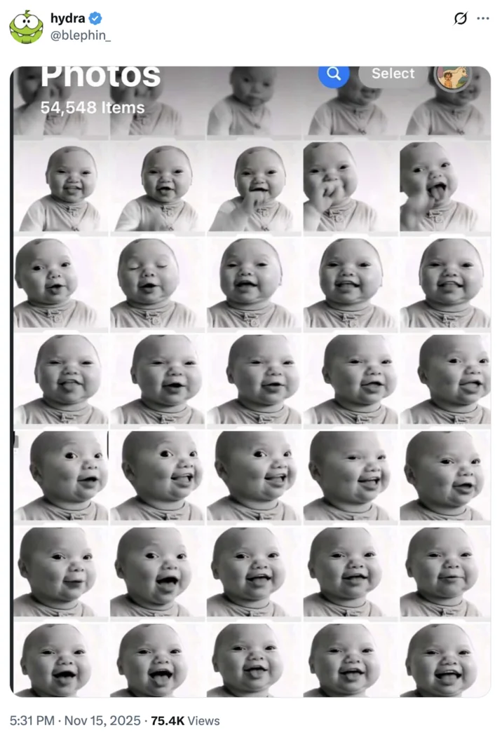 AI Baby Holding Laugh — X screenshot showing grid of AI baby expressions posted by @lydra