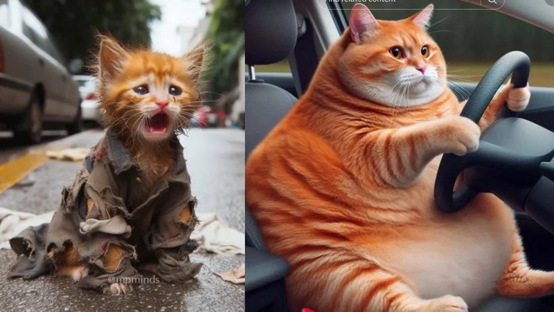 Ai Cat Stories Sad Meow Meow Song — Side-by-side comparison of small sad-looking orange kitten and larger mature orange tabby in car, emotional story imagery.