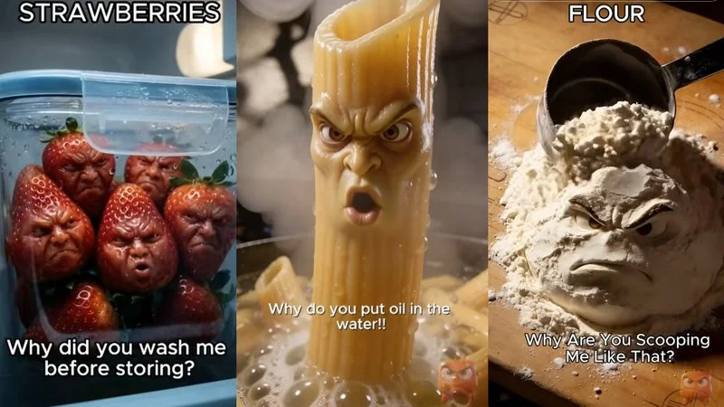 Ai Food Yelling At You — Three anthropomorphic angry food items - strawberries, pasta, and flour - scolding viewer about cooking mistakes and proper techniques.