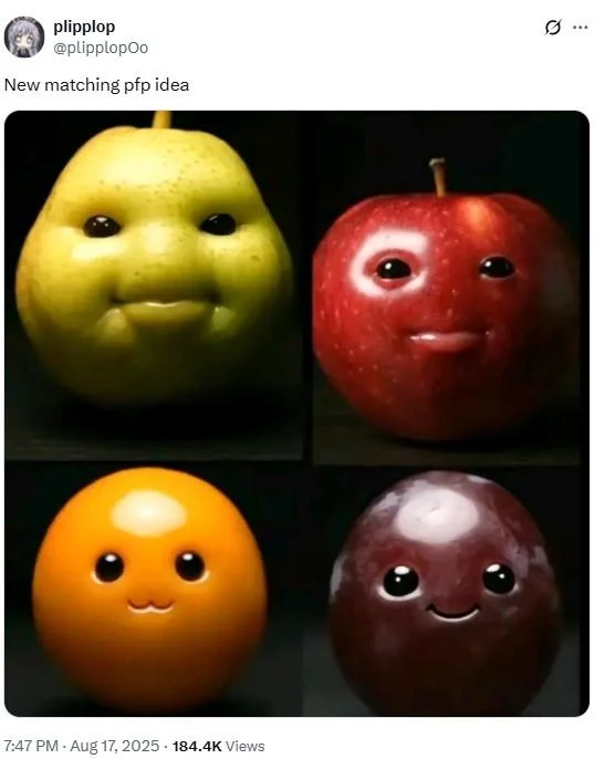 Ai Fruits Eating Themselves Niche Fruit — Grid of four AI-generated fruits with exaggerated anthropomorphic faces including lemon, red apple, orange, and dark