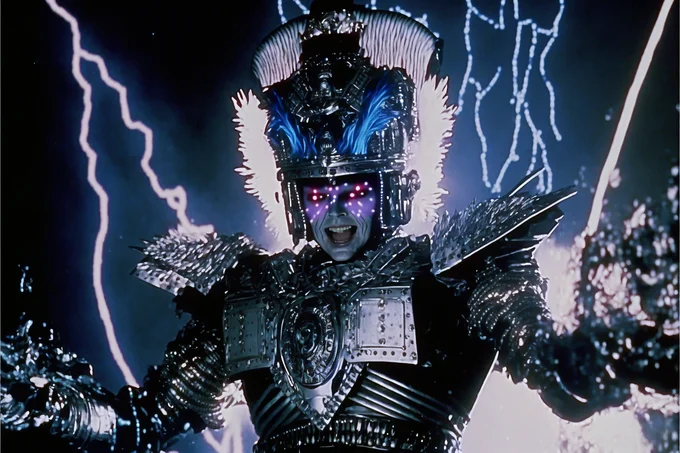 AI-Generated '80s Dark Fantasy — AI-generated 80s dark fantasy villain in silver armor and glowing visor surrounded by lightning bolts.