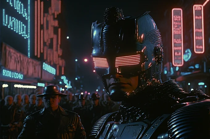 AI-Generated '80s Dark Fantasy — AI-generated 80s dark fantasy cyberpunk warrior with glowing visor in neon-lit street scene.
