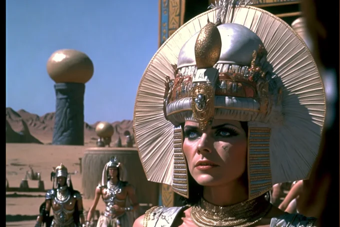 AI-Generated '80s Dark Fantasy — AI-generated 80s dark fantasy Egyptian queen in grand headdress with desert temple background.