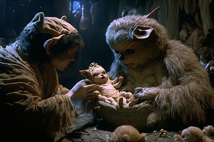 AI-Generated '80s Dark Fantasy — AI-generated 80s dark fantasy scene of two creatures tending to a goblin baby in a shadowy cave.