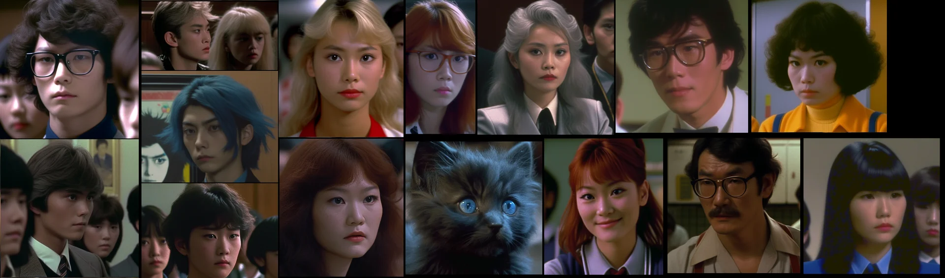 AI-Generated '80s Dark Fantasy — AI-generated collage of 80s-styled Japanese fantasy character portraits.