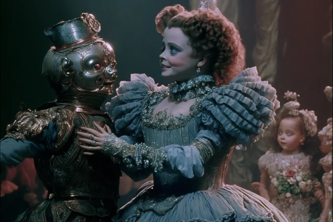 AI-Generated '80s Dark Fantasy — AI-generated 80s dark fantasy ballroom scene with woman and brass automaton dancing.