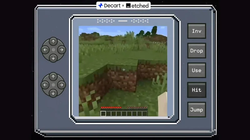 Ai Generated Minecraft — The Oasis interface from Etched and DecartAI's AI-generated Minecraft game with directional pads, action buttons, and blocky terrain