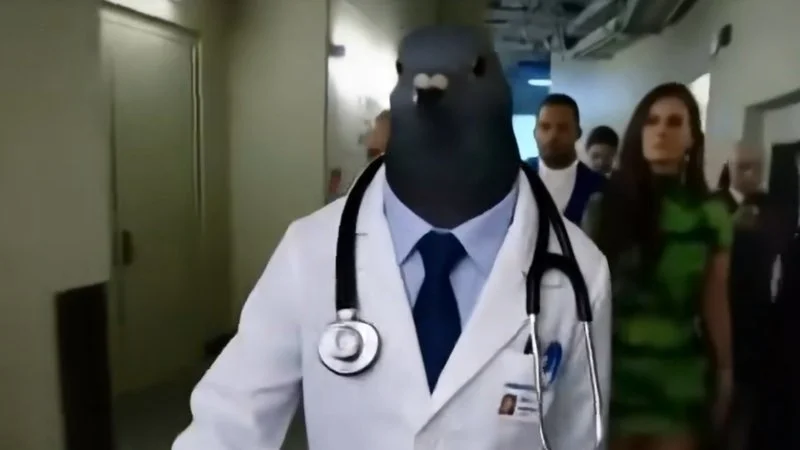 Clean shot of AI pigeon doctor walking down hallway in white doctor's coat with blue tie and stethoscope, people in background.